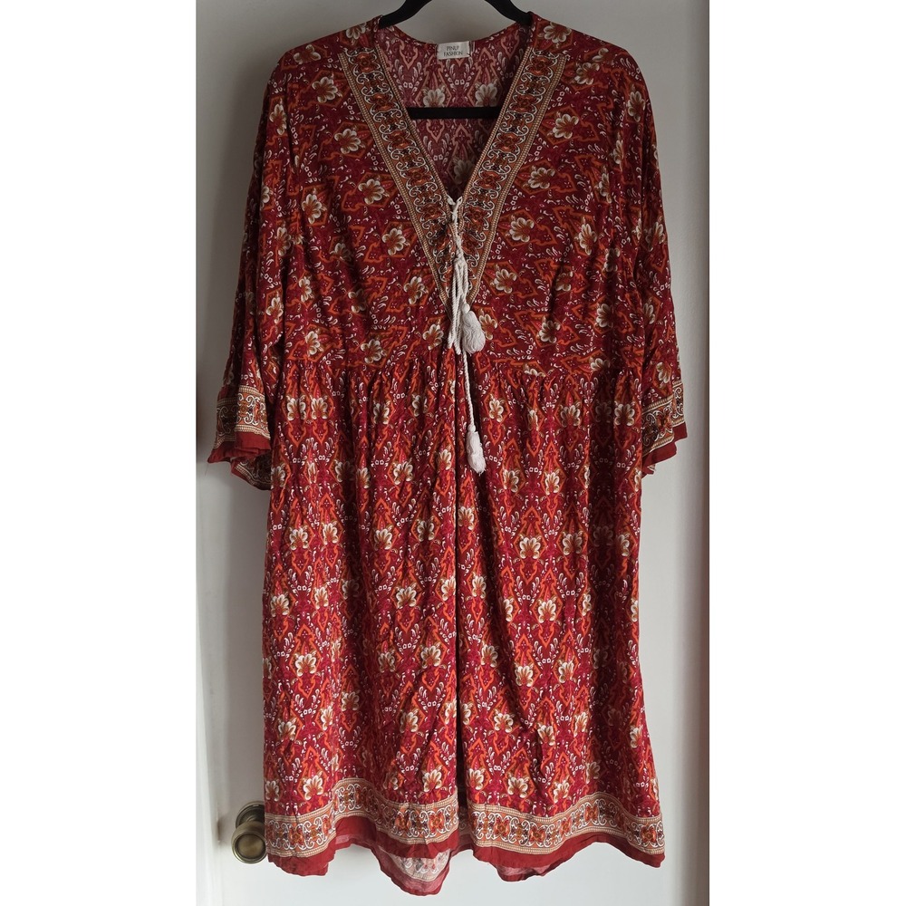 Pinup Fashion Maxi Dress 18W Floral Red V-Neck 3/4 Sleeve Boho Casual Gown
